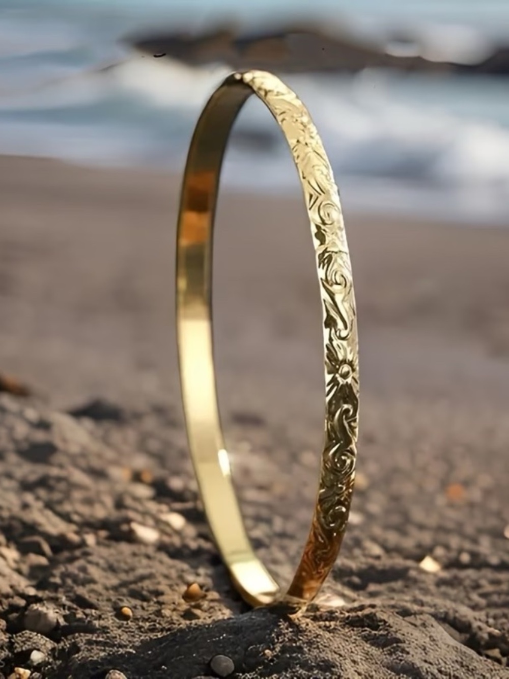 Gold Engraved Island Bangle Bracelet | 6.8cm